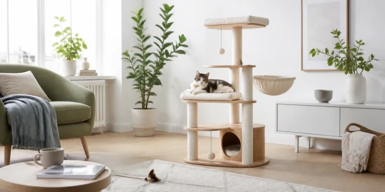 Aesthetic cat tree in a bright Scandinavian living room