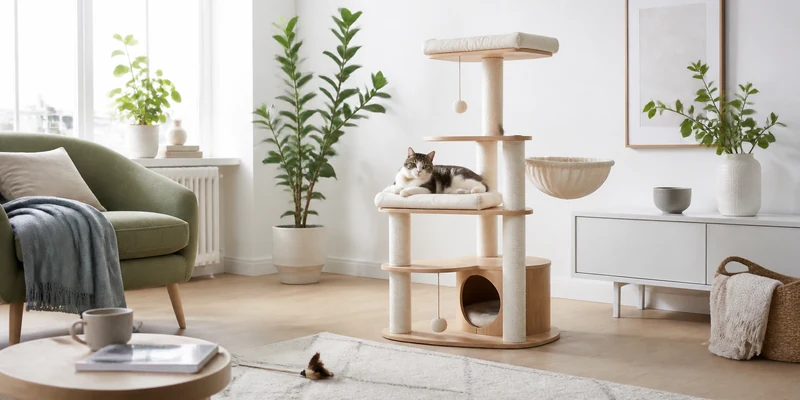 Aesthetic cat tree in a bright Scandinavian living room