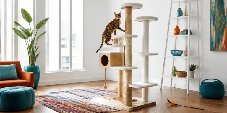 Bengal cat climbing a tall cat tree in a colorful apartment