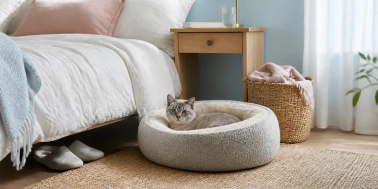 Cat resting in a soft cat bed in a pastel bedroom