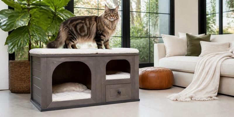 Oversized cat condo for a large Maine Coon in a bright sunroom