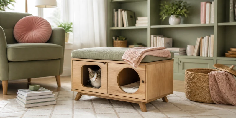 Low cat condo with a cat peeking out in a cozy reading nook