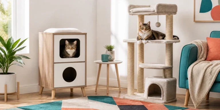 Cat condo and cat tree comparison in a bright living room