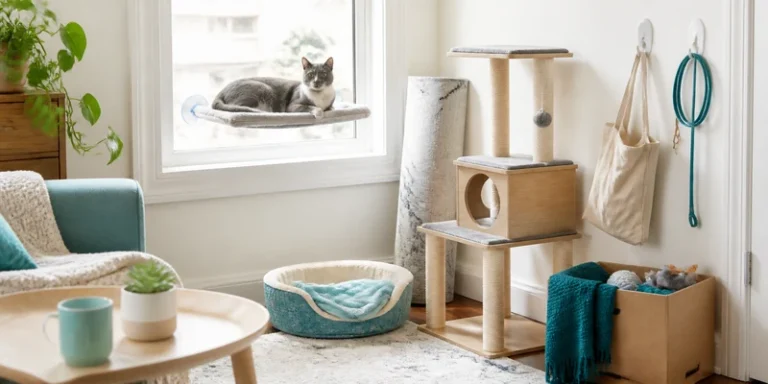 Renter friendly cat furniture with a cat on a suction cup window perch
