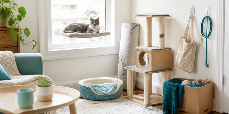 Renter friendly cat furniture with a cat on a suction cup window perch