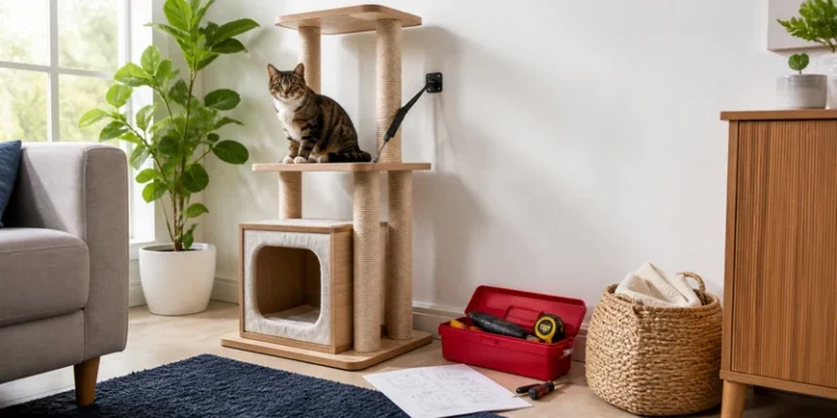 Secured cat tree with safety strap and a cat on the platform