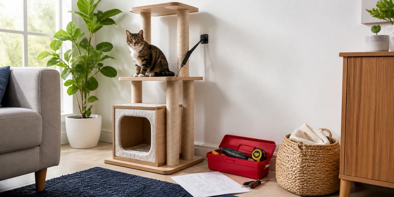 Secured cat tree with safety strap and a cat on the platform