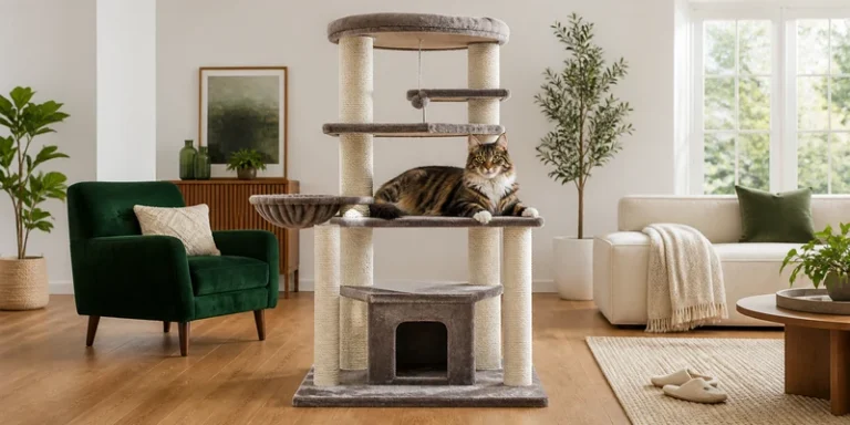 Large cat tree with wide platforms in a bright living room