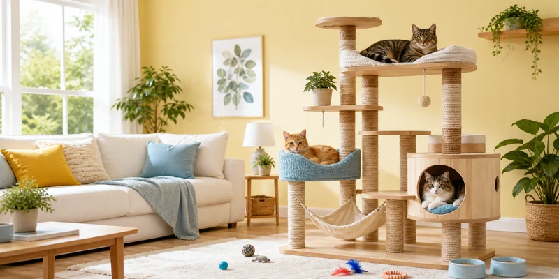 Multiple cats using a large multi level cat tree in a bright family room