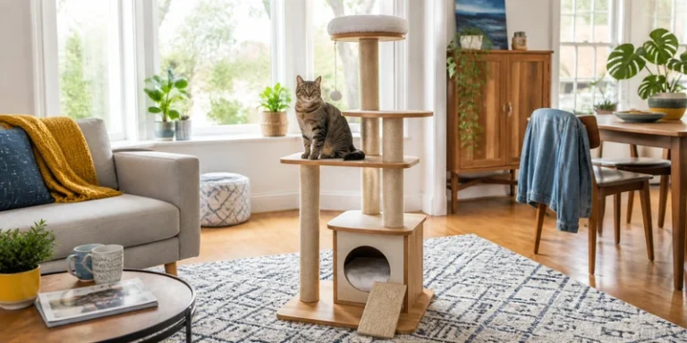 Medium cat tree in a bright living room with blue rug