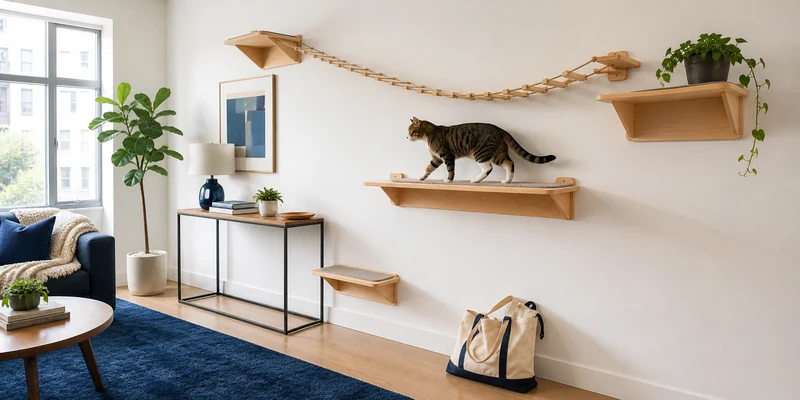 Cat walking on wall shelves in a bright apartment