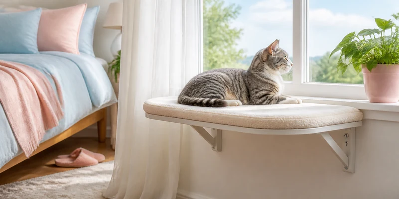 Cat relaxing on a padded window perch in a bright pastel bedroom