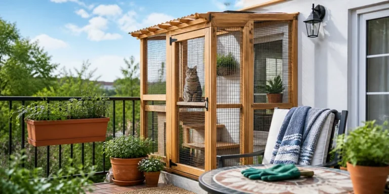 Wooden catio enclosure on a sunny balcony