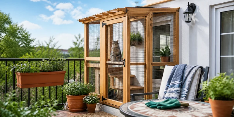 Wooden catio enclosure on a sunny balcony