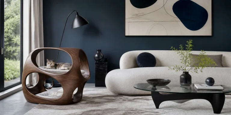 Sculptural designer cat furniture in a slate blue living room