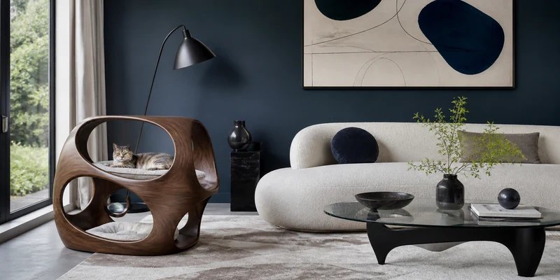 Sculptural designer cat furniture in a slate blue living room