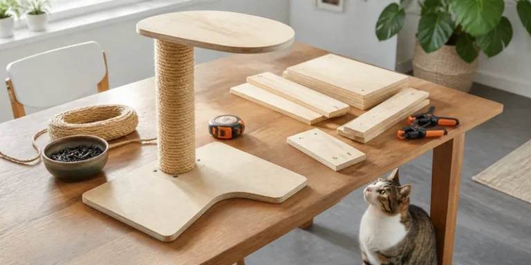 DIY cat tree project with plywood, sisal rope and a cat inspecting it