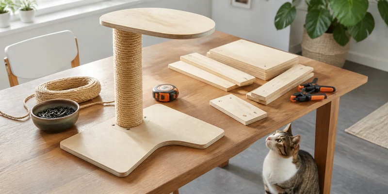 DIY cat tree project with plywood, sisal rope and a cat inspecting it