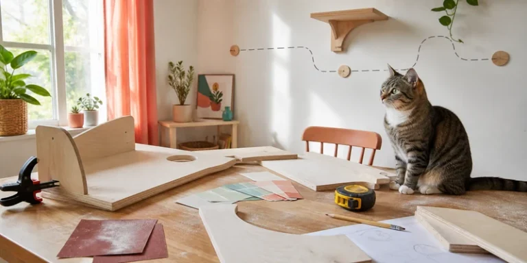 DIY cat wall shelves project on a sunny work table