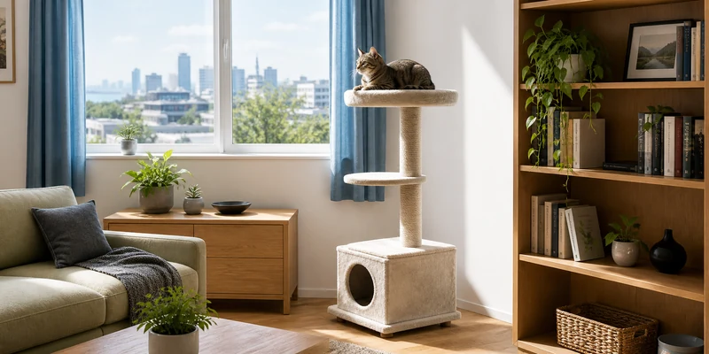 Cat choosing a cat tree near a bright apartment window