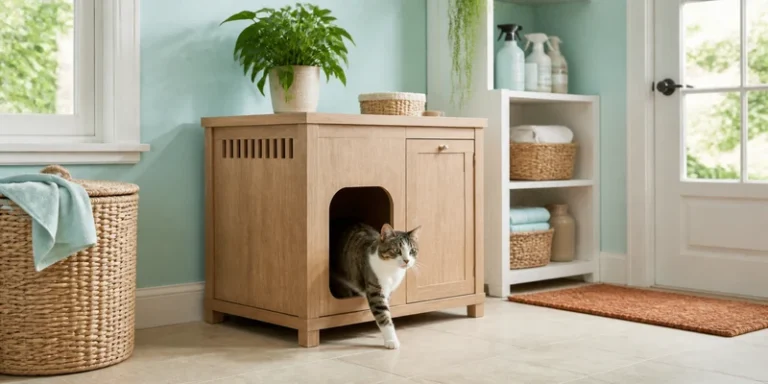 Enclosed litter box cabinet in a fresh aqua laundry room with a cat stepping out