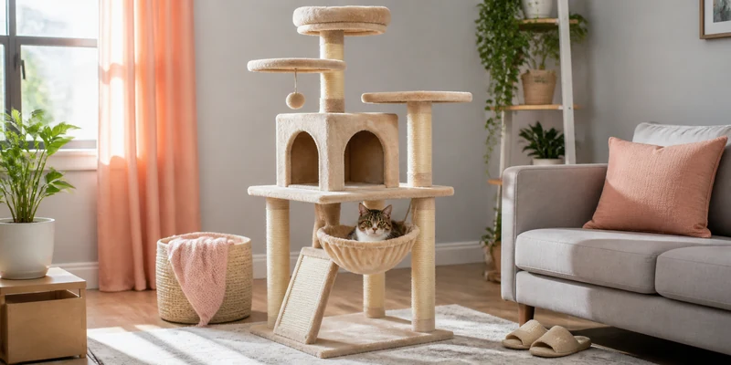 Beige multi level cat tree with a cat in the hammock