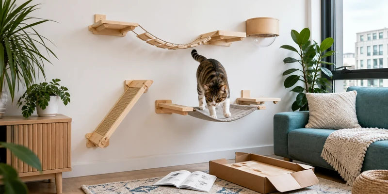 Modular cat wall shelf set with hammock in a compact apartment
