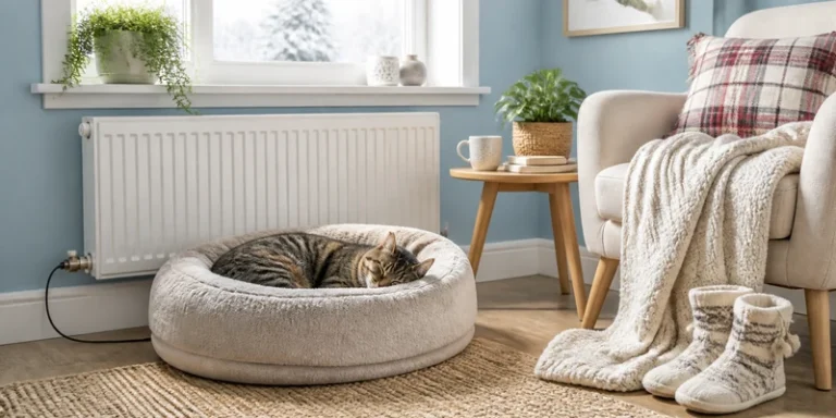 Heated plush cat bed near a radiator in a bright blue reading corner