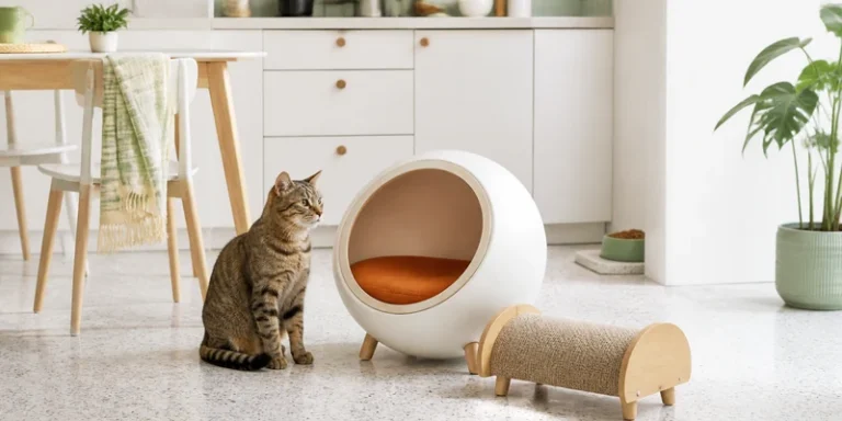 Modern cat pod and scratcher in a bright Scandinavian kitchen corner