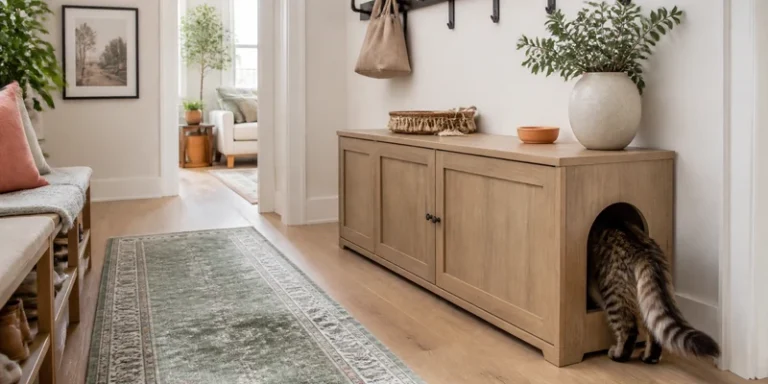 Hidden litter box sideboard in a bright hallway with a cat entering