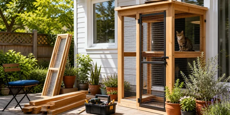 Partially built cedar catio on a sunny patio with a cat inside