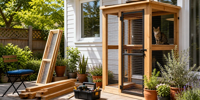 Partially built cedar catio on a sunny patio with a cat inside