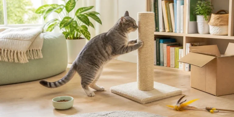 Cat learning to use a scratching post with treats and toys nearby