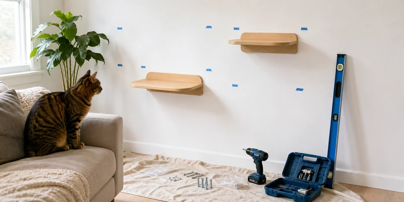 Installing cat wall shelves with tools and a cat watching