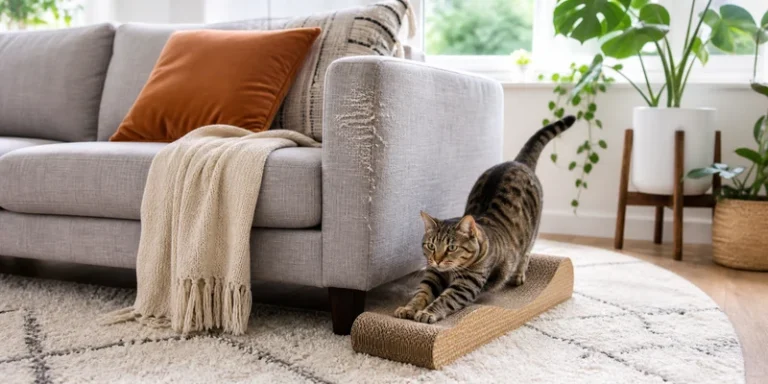 Cat using a scratch pad beside a lightly scratched sofa arm