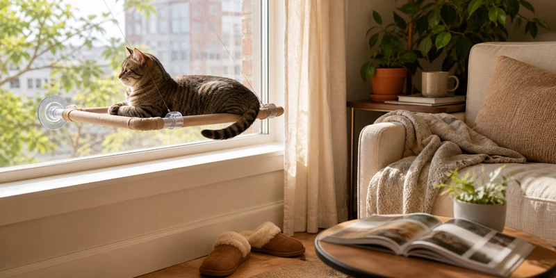 Window mounted cat perch in a bright apartment