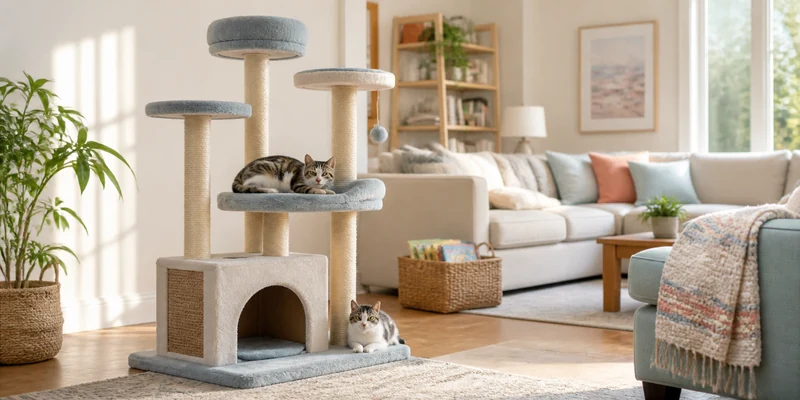 Large sturdy cat tree with two cats in a bright family living room