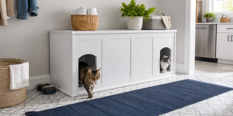 Double litter box furniture cabinet with two cats in a bright utility room