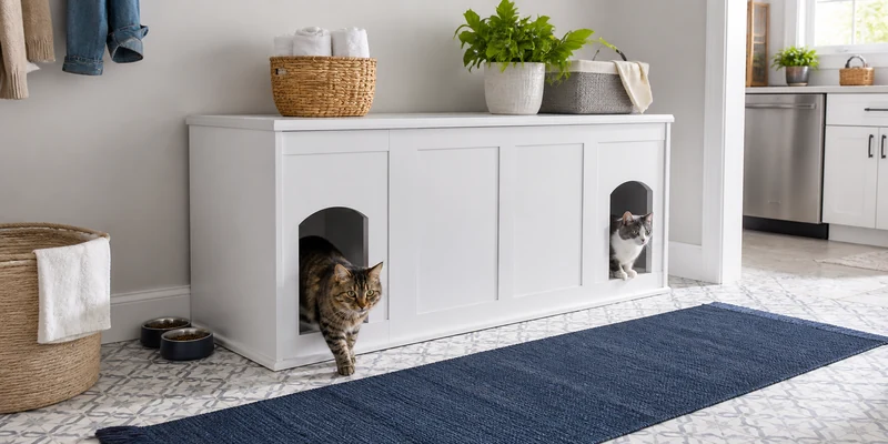 Double litter box furniture cabinet with two cats in a bright utility room