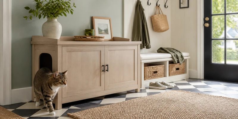 Enclosed litter box furniture in a light entryway