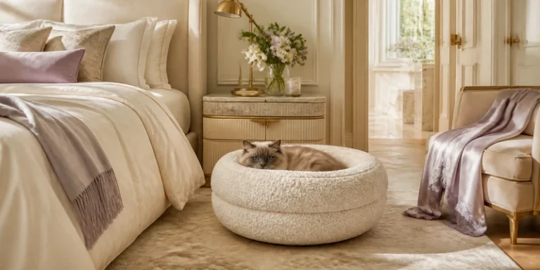 Luxury cat bed in an elegant cream bedroom