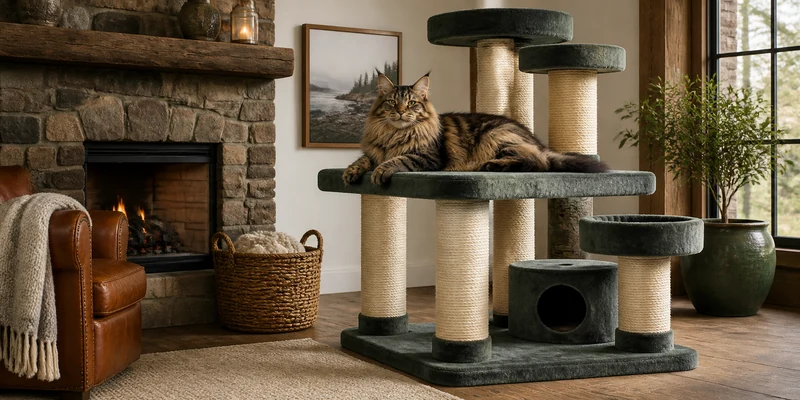 Large Maine Coon on an oversized cat tree in a rustic living room