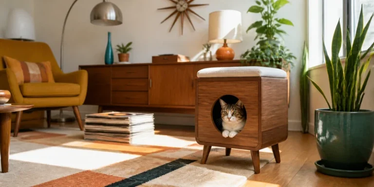 Mid-century modern cat condo with a cat in a walnut living room