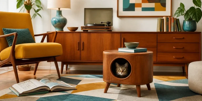 Mid-century cat condo side table in a retro living room