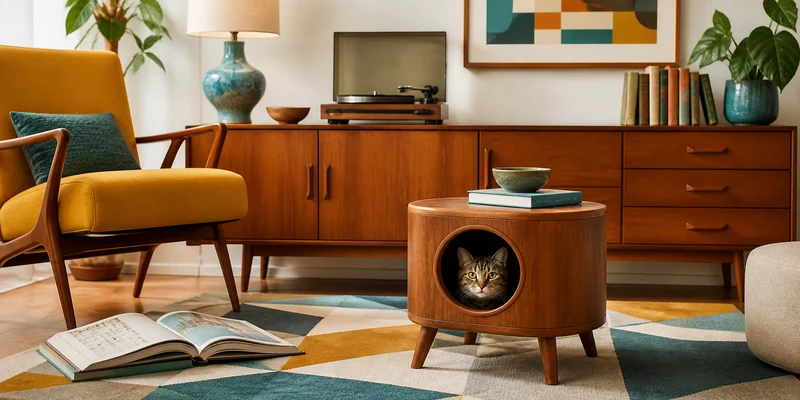 Mid-century cat condo side table in a retro living room