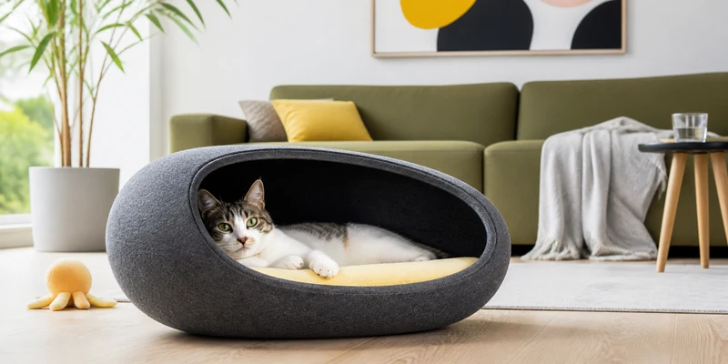 Modern felt pod cat bed in a bright living room with yellow accents