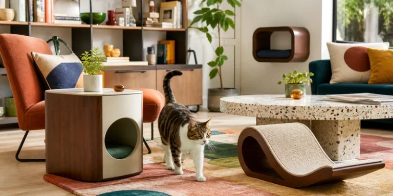 Modern cat furniture collection in a colorful lived-in living room