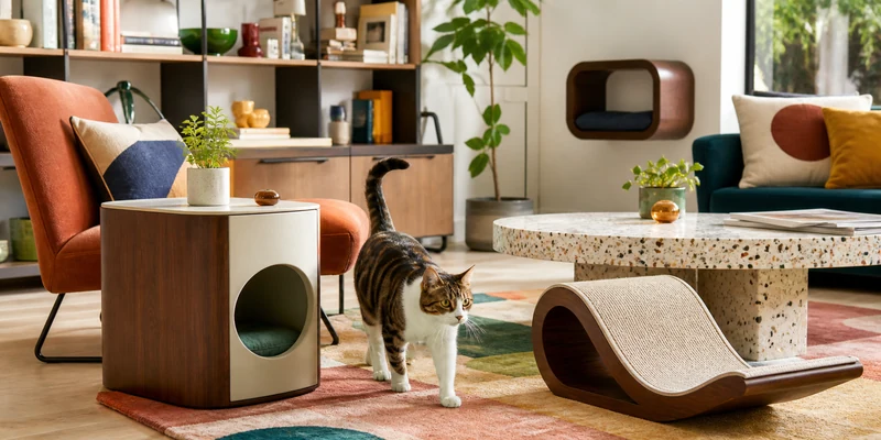 Modern cat furniture collection in a colorful lived-in living room
