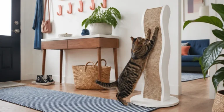 Modern curved scratching post with a cat scratching in a bright entryway
