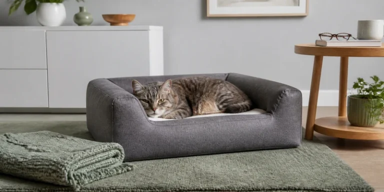 Orthopedic cat bed in a calm gray and green living room